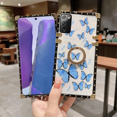 Miniatura 16 de Funda de mariposa con soporte de anillo para Galaxy Z Flip 3 para mujeres y niñas, diseño de caja cuadrada de lujo, diseño de mármol brillante