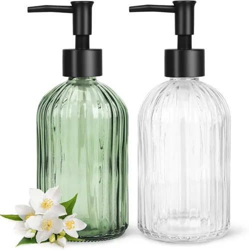 Miniatura 20 de Topsky Paquete de 2 dispensadores de jabón de vidrio con bomba de plástico negro, dispensador de jabón líquido de manos de 11.2 fl oz, bomba a