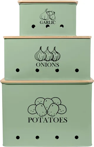 Miniatura 14 de Juego de 2 latas de almacenamiento de verduras de cocina, cebolla y papas con tapa de madera y agujeros de aireación, organizador de contenedor