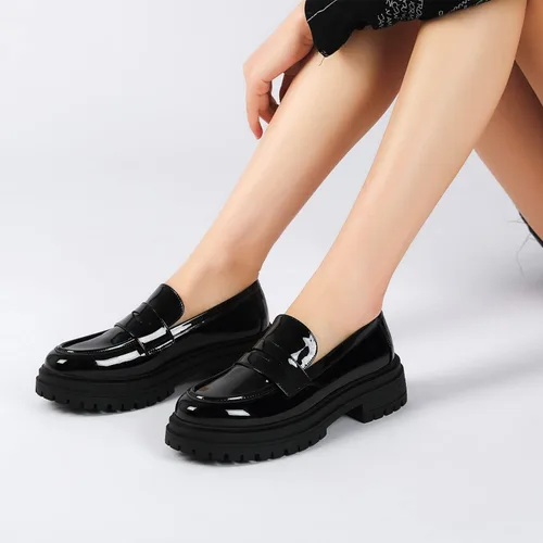 Miniatura 7 de Mostrin Mocasines para mujer con suela de lengüeta, mocasines de media gruesa, clásicos con punta redonda, sin cordones, cómodos zapatos casuales