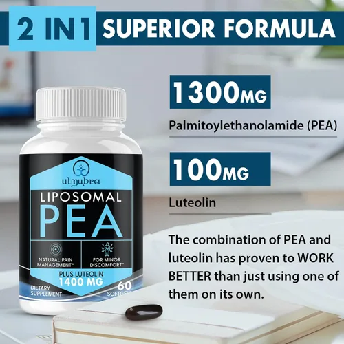 Miniatura 2 de Ulmubra Palmitoiletanolamida liposomal 1300 mg más luteolina 100 mg, absorción superior, suplemento de guisante micronizado para el manejo