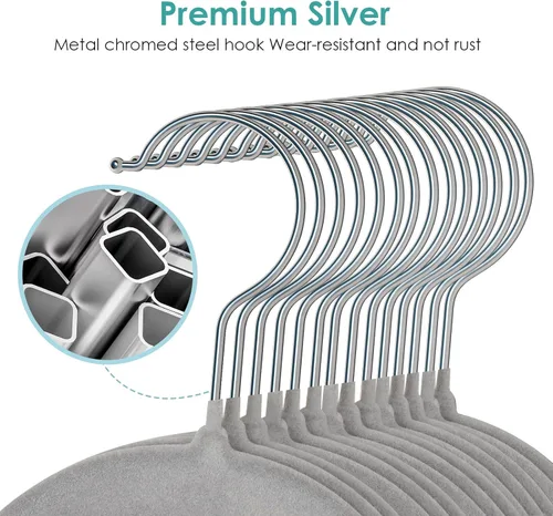 Miniatura 4 de DUDUCOFU Perchas de terciopelo antideslizantes de fieltro, paquete de 50 perchas de terciopelo gris para ropa que ahorran espacio, con gancho