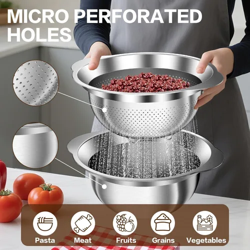 Miniatura 5 de Colador de acero inoxidable con tazón para mezclar, lavadora de arroz, colador para cocina, colador de arroz, lavado de frutas y verduras, colador