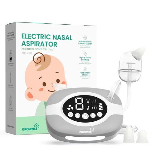 Miniatura 10 de GROWNSY Succión nasal eléctrica para bebé, aspirador nasal de grado hospitalario con luz nocturna, canciones de cuna calmantes, succionador nasal