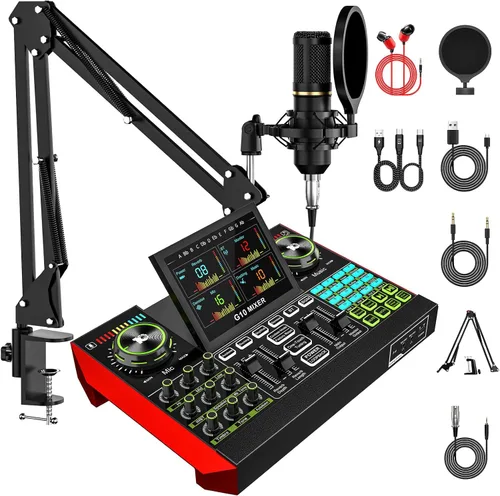 Miniatura 11 de Conjunto de micrófono de podcast con tarjeta de sonido en vivo y mezclador de audio, equipo de podcast con micrófono BM800 de 3.5mm para PC/YouTube