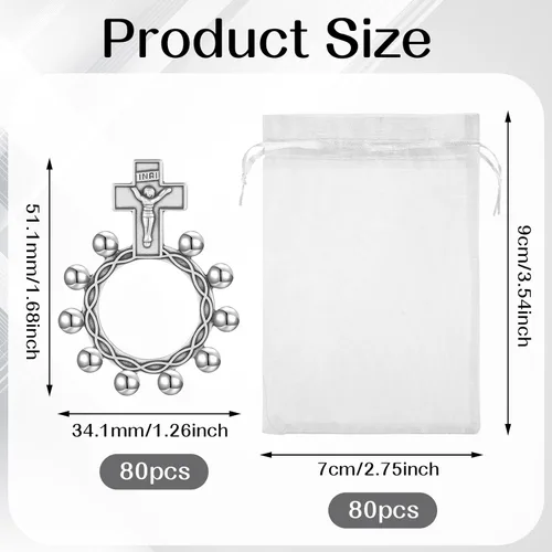 Miniatura 2 de Juego de 80 anillos de rosario de dedo de metal plateado a granel, rosarios de bolsillo para dedos, rosarios de bolsillo pequeño, cruz de bolsillo