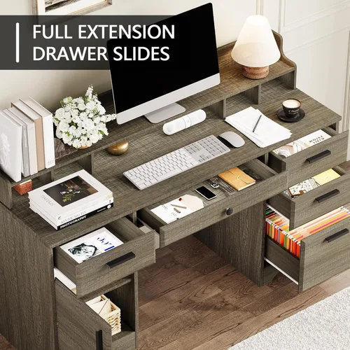 Miniatura 7 de Escritorio ejecutivo de 58 pulgadas con cajones de archivos, escritorio para computadora con almacenamiento, escritorio rústico con estantes