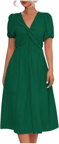 Vestidos de vacaciones para mujer, color de manga corta, cuello en V, vestido anudado casual, vestido corto torcedura 2023, primavera y verano