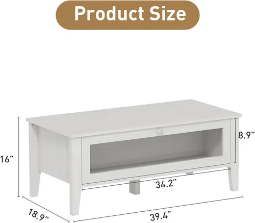 Miniatura 2 de Bonzy Home Mesa de centro moderna blanca con almacenamiento de puerta de vidrio, mesa central rectangular de madera para sala de estar, 39.4 x 18.9