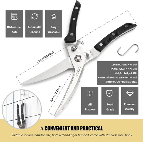 Miniatura 8 de KUNIFU Tijeras de aves de corral, Tijeras de cocina resistentes multiusos para alimentos, carne de pavo, pollo, hierbas, utensilios de cocina, Gris
