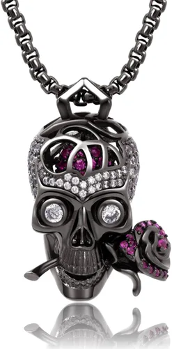 Karseer Collar con colgante unisex con diseño de calavera y rosa Romance Forever con cerebro de cristal oculto en el interior, Metal Cristal Estrás,