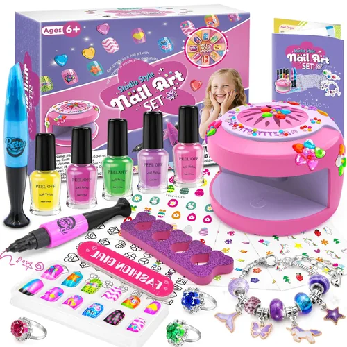 BATTOP Juego de esmaltes de uñas para niñas – Kit de arte de uñas para niños con secador, uñas postizas, calcomanía, esmalte de uñas a base de agua