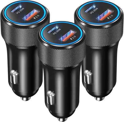 Cargador de coche USB C, 3 unidades, OKRAY 36 W de carga rápida PD3.0+QC3.0 Cargador de teléfono de coche de doble puerto tipo C+USB A 12v adaptador