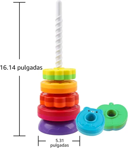 Miniatura 7 de BYFWH Juguetes giratorios apilables para bebés de 12 meses en adelante, anillo de arcoíris, flores, animales, frutas, apilador, juguetes ABS
