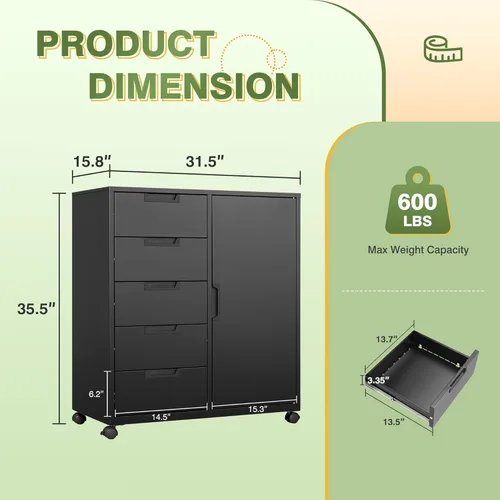 Miniatura 3 de Gabinete de Almacenamiento para Oficina, Cajonera de 5 Cajones, Soporte para Impresora con Estantes de Almacenamiento, Gabinete Metálico Móvil