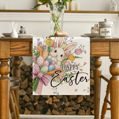 Miniatura 2 de Artoid Mode Camino de mesa de Pascua con diseño de huevos de conejo, flores de primavera de temporada, zanahorias, cocina, comedor, decoración