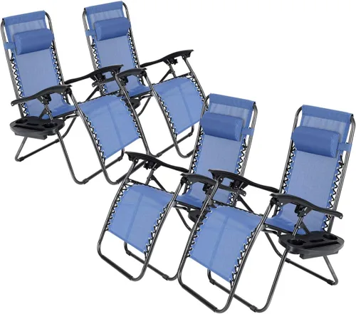 Miniatura 13 de Juego de 4 sillas reclinables de gravedad cero de malla de acero para acampar al aire libre con reposapiés, ajustable, almohada, bandeja, beige
