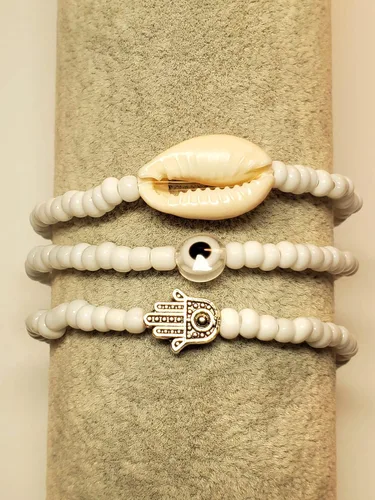 Miniatura 3 de 3 pcs Ilde Cowrie seashell Evil Eye Hamsa Hand Orisha Santeria Pulseras Bracelet Set