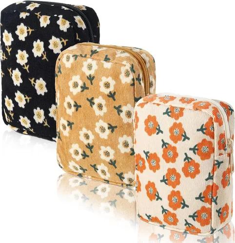 Miniatura 8 de Photect Juego de 3 bolsas de maquillaje floral para bolso, bolsa de lona de pana, pequeña bolsa de cosméticos para mujeres, mini artículos