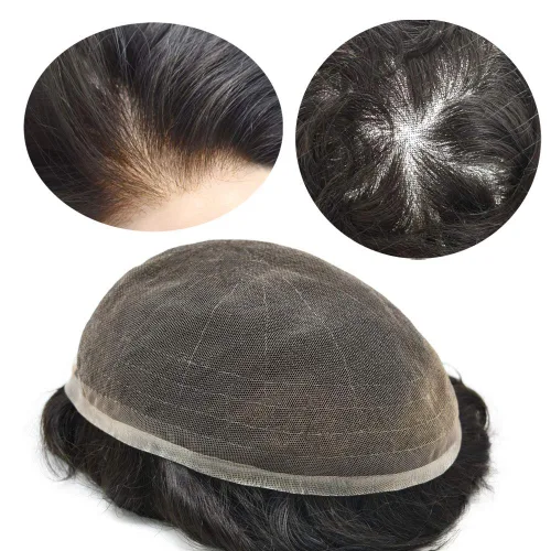 Miniatura 13 de Extensiones de cabello suizo completo para hombre, sistema de reemplazo de cabello humano europeo para hombres