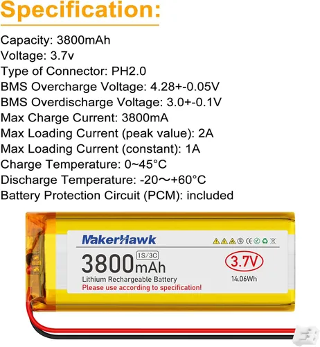 Miniatura 4 de MakerHawk Batería LiPo de 3.7 V 3800 mAh recargable 1S 3C 113386 Batería de polímero de litio con placa de protección de batería dual, enchufe micro