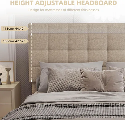 Miniatura 3 de Base de cama moderna de plataforma tapizada de tamaño Queen, marco de cama de lino con luces, cabecera ajustable con costuras cuadradas, sistema