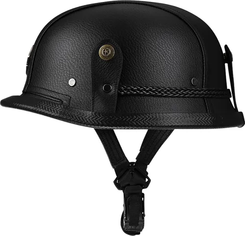 Miniatura 2 de Yesmotor - Casco de media cara estilo retro alemán de cuero hecho a mano con hebilla de liberación rápida y gafas protectoras - Aprobado por DOT