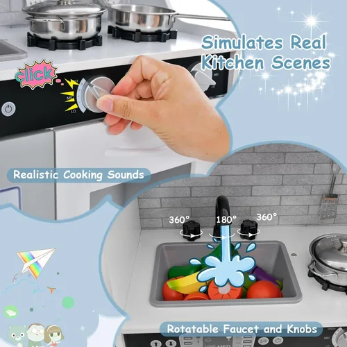 Miniatura 7 de MAT EXPERT Juego de cocina para niños, cocina de juguete de chef de madera con pizarra, máquina de hielo, accesorios de utensilios de cocina, Blanco