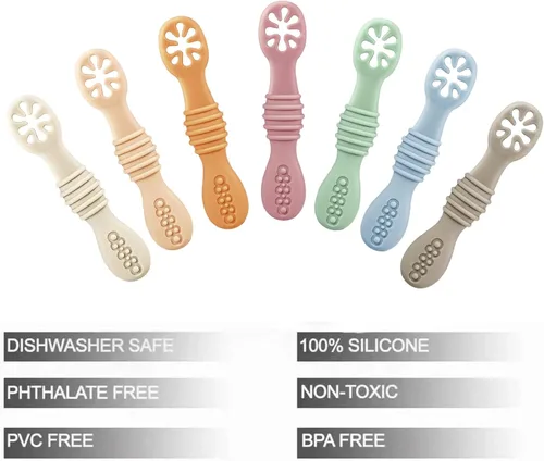 Miniatura 3 de PandaEar Paquete de 7 cucharas para bebé, utensilios de autoalimentación de silicona suave para bebés y niños pequeños, cuchara de entrenamiento