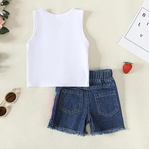 Miniatura 5 de Mikrdoo Ropa para bebé niña pequeña, trajes de verano camisas, tops rasgados pantalones cortos de mezclilla conjunto de ropa para niña pequeña