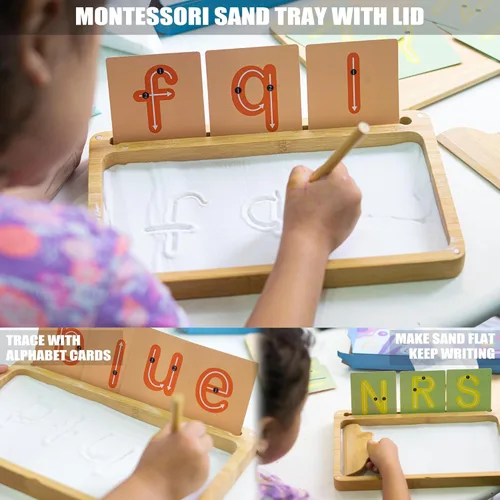 Miniatura 4 de AtMini Bandeja de arena para el aula, bandeja de arena Montessori de madera con tapa para niños que escriben letras y números, imprescindible