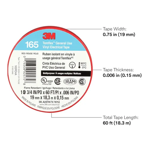 Miniatura 2 de 3M Temflex Cinta Eléctrica de Vinilo Multiusos 165, Roja, 3/4 pulg x 60 pies (19 mm x 18 m), Paquete de 10 Rollos Rojo