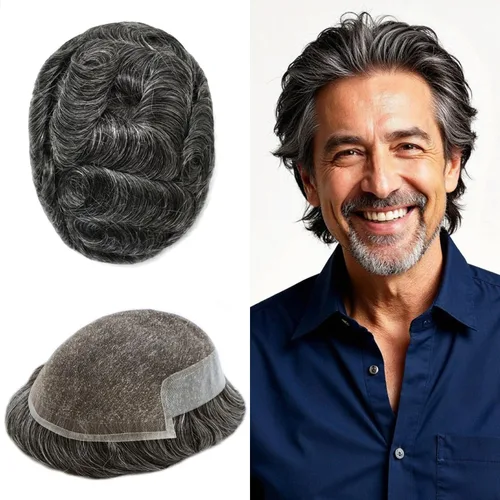 Miniatura 100 de LYRICAL HAIR Sistema de cabello humano con encaje frontal francés para hombres, tupé de piel de polietileno para hombres, línea capilar natural