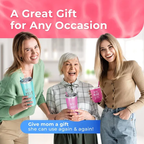 Miniatura 8 de Vaso personalizado de acero inoxidable con la frase "Best Aunt Ever", taza aislada con bonito diseño, tapa de cierre deslizante con pajilla