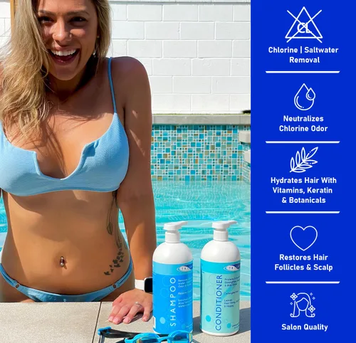 Miniatura 4 de TRISWIM Champú eliminador de cloro de 32 onzas Elimina cloro, bromo, minerales de agua dura y agua salada Hidrata y restaura el cabello Seguro