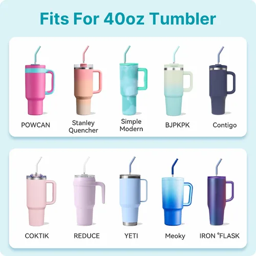 Miniatura 6 de 4 popotes reutilizables de metal para vaso de 40 onzas, popote largo de acero inoxidable con puntas de silicona coloridas, popote para vasos de Negro