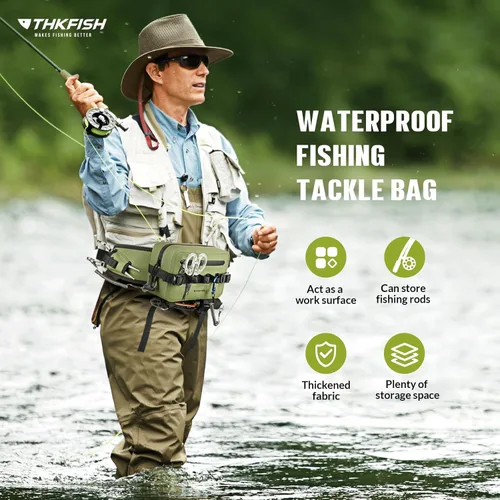 Miniatura 7 de THKFISH Riñonera de pesca impermeable con soporte para caña de pescar, cierre hermético con cremallera, bolsa ligera para pesca con mosca Verde