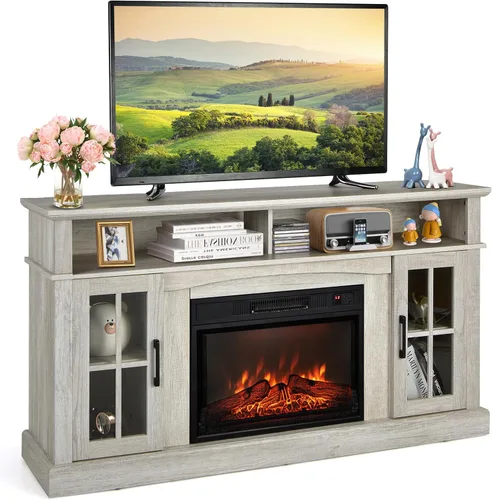 Miniatura 10 de Tangkula Soporte de TV con chimenea para televisores de hasta 65 pulgadas, consola de TV con chimenea eléctrica con control remoto, protección Marrón