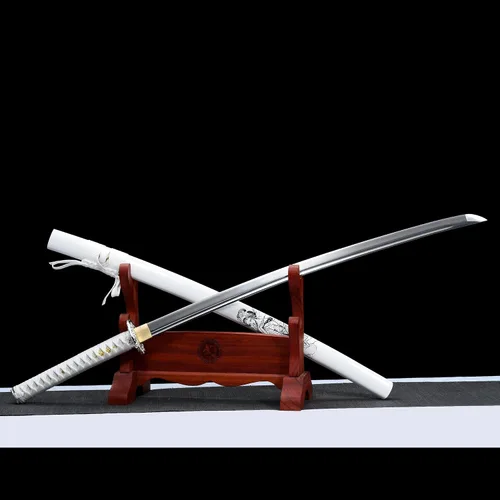 Miniatura 3 de Espada katana blanca de 40 pulgadas, espadas japonesas afiladas, espada de espiga completa para exhibición, hoja de acero al carbono