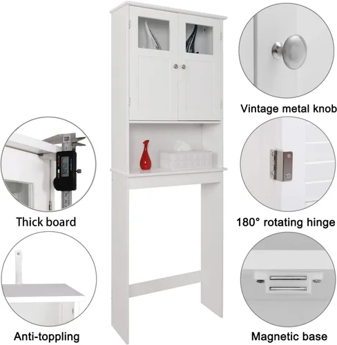 Miniatura 11 de Bonnlo Armario de almacenamiento sobre el inodoro con estante ajustable, organizador de suelo de baño blanco, ahorro de espacio con puertas dobles