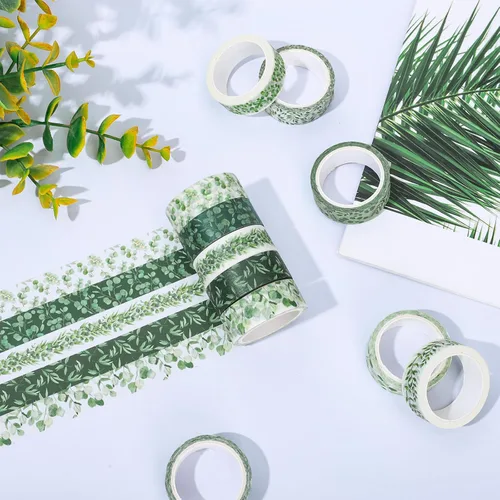Miniatura 5 de Whaline 12 Rollos Cintas Washi de Vegetación Acuarela Plantas Eucalipto Cinta de Enmascarar 15mm Hojas Verdes Cinta Decorativa Adhesivos para Álbum