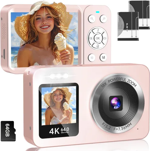 Cámara digital rosa, cámara de doble pantalla 4K 64MP UHD, zoom de 18X, cámaras digitales portátiles para apuntar y disparar con tarjeta TF de 64