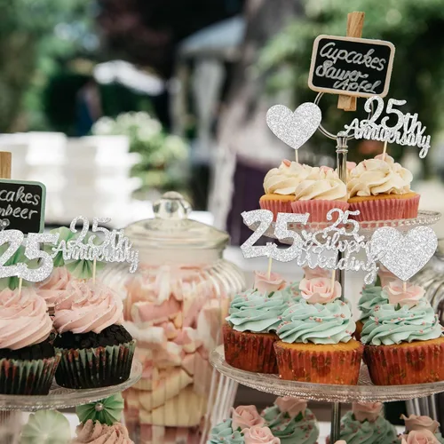 Miniatura 6 de Gyufise 24 adornos plateados para cupcakes de 25 aniversario, boda, aniversario de 25 años, decoración de pastel de corazón para 25 decoraciones