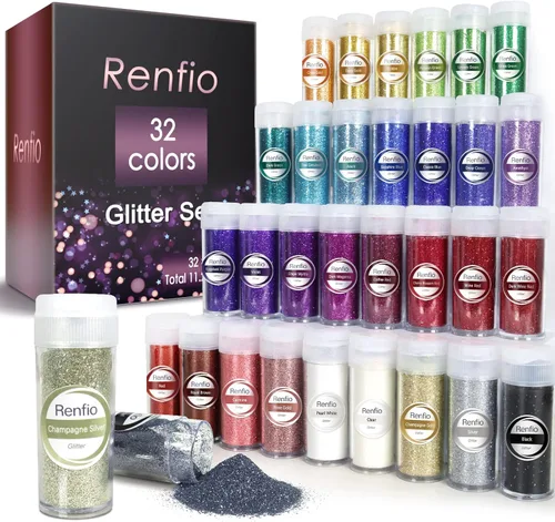 Renfio Juego de Purpurina de 32 Colores, 16.93oz 480g Polvo de Purpurina Ultra Fino PET 1/128" 0.008" 0.2mm Suministros de Resina Purpurina Surtida