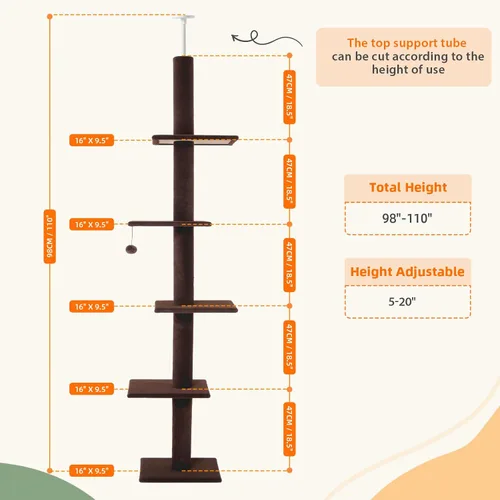 Miniatura 2 de Cat Craft Árbol para Gatos de Piso a Techo Torre para Gatos 98-108" Árbol de Alfombra para Gatitos de 5 Niveles Poste Rascador y Tapete Poste