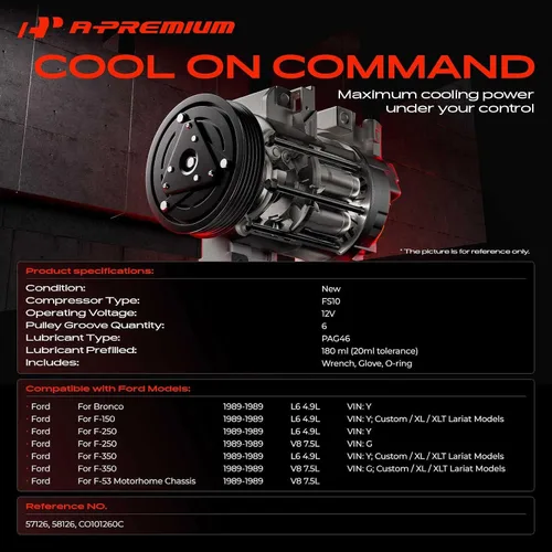 Miniatura 2 de A-Premium Compresor de aire acondicionado con embrague compatible con chasis de autocaravana 4.9L 7.5L 1989, Ford F-150, F-250, F-350, F-53