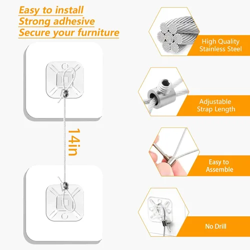 Miniatura 5 de Anclajes metálicos para muebles (10 paquetes) a prueba de bebés, correas adhesivas de seguridad de pared para muebles de 14 pulgadas para niños