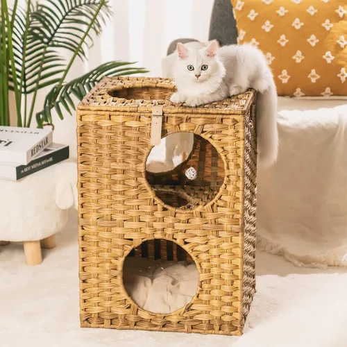 Miniatura 7 de Mewoo Ratten Cat House Condominio con ratán interactivo de bola colgante * 4 juguetes y cojín de algodón, cama cerrada de mimbre para gatos