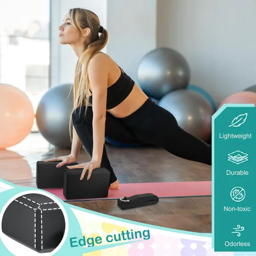 Miniatura 4 de Meooeck Juego de 18 piezas de bloques y correas de yoga de 9 x 6 x 3 pulgadas, ladrillo antideslizante de espuma EVA, correas de yoga de 8 pies