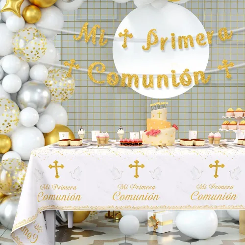 Miniatura 4 de AIBIIN 194 Piezas Decoraciones Mi Primera Comunión, Suministros para Fiesta de Primera Comunión Blanco y Dorado, Pancarta Temática de Bautismo